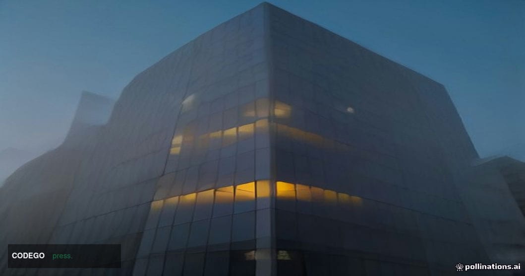 A cinematic editorial photograph shot at a low angle looking up at a modern glass-and-steel corporate office tower in Silicon