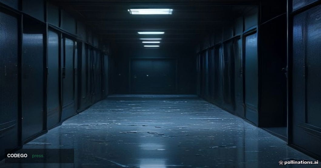 A cinematic editorial photograph of a dramatic, dimly lit high-security server room corridor, with rows of dark server racks 