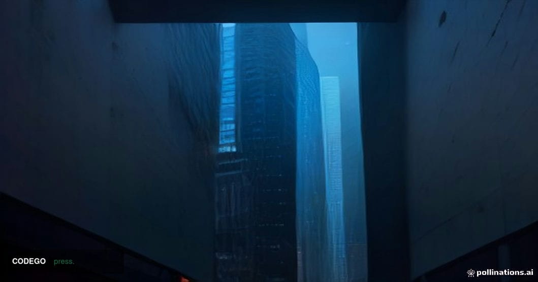 A cinematic editorial photograph shot at ground level looking upward at a towering modern glass-and-steel corporate exchange 
