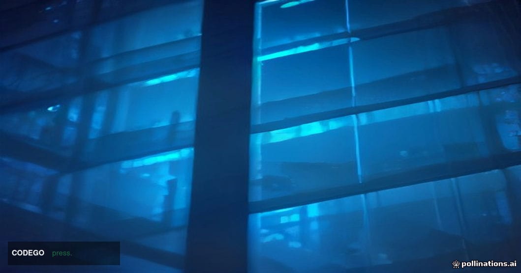 A dramatic cinematic editorial photograph shot from a low angle looking up at a massive glass-and-steel financial technology 