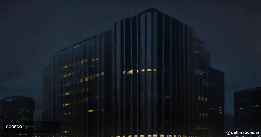 A dramatic wide-angle cinematic shot of a large modernist glass corporate headquarters building at night, its curved glass fa