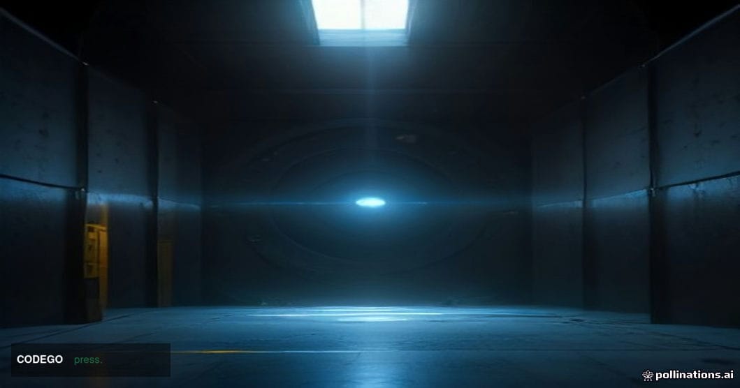 A dramatic cinematic editorial photograph of a massive reinforced steel vault door, partially ajar in a dimly lit underground