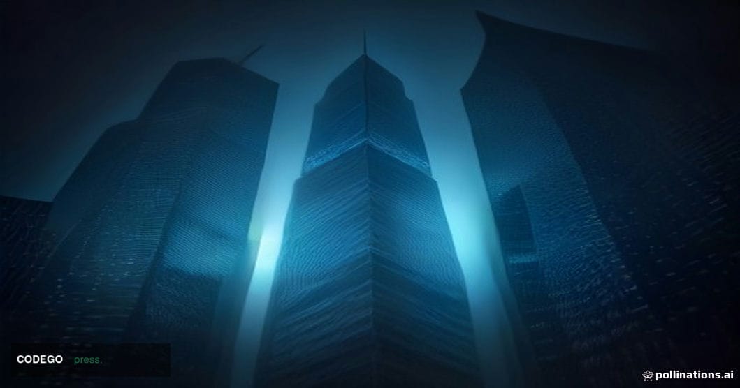 A dramatic cinematic editorial photograph of a monumental glass-and-steel corporate exchange building at night, modeled on a 