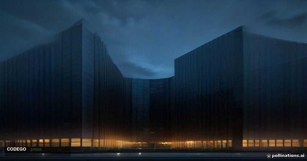 A photorealistic cinematic editorial photograph of a massive, sleek glass-and-steel corporate exchange data center campus sho