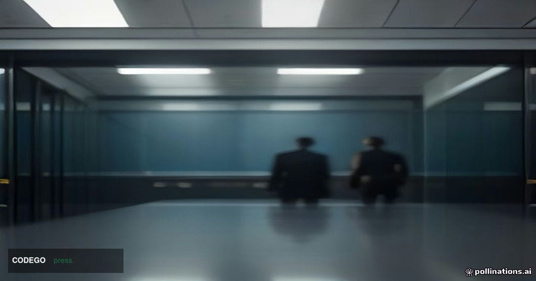 A cinematic editorial photograph set in a sleek, darkened financial operations center, shot from a low wide angle looking up 