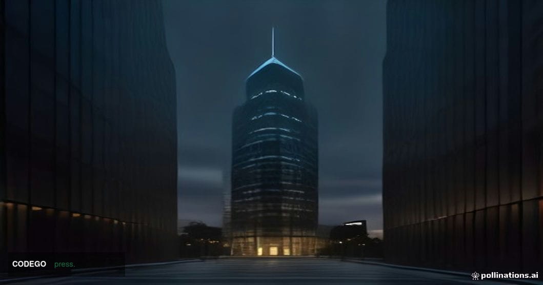 A cinematic editorial photograph of a large, modernist glass-and-steel corporate exchange building exterior at dusk, represen