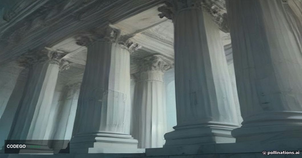 A dramatic cinematic editorial photograph shot from a low angle looking up at the exterior of a grand neoclassical Washington