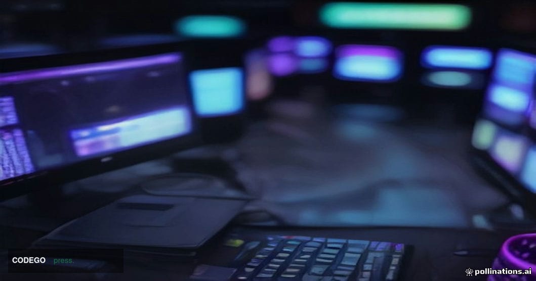 # Image Prompt:

A high-angle cinematic shot of a modern cryptocurrency exchange trading floor at dusk, with rows of sleek tr