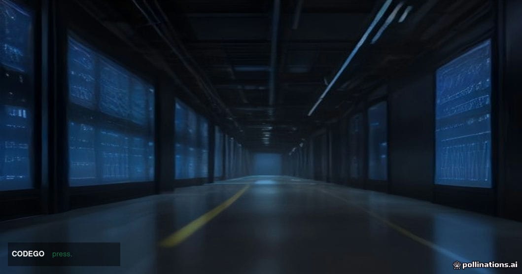 A photorealistic editorial photograph set inside a vast, dimly lit high-security data center corridor representing a major cr