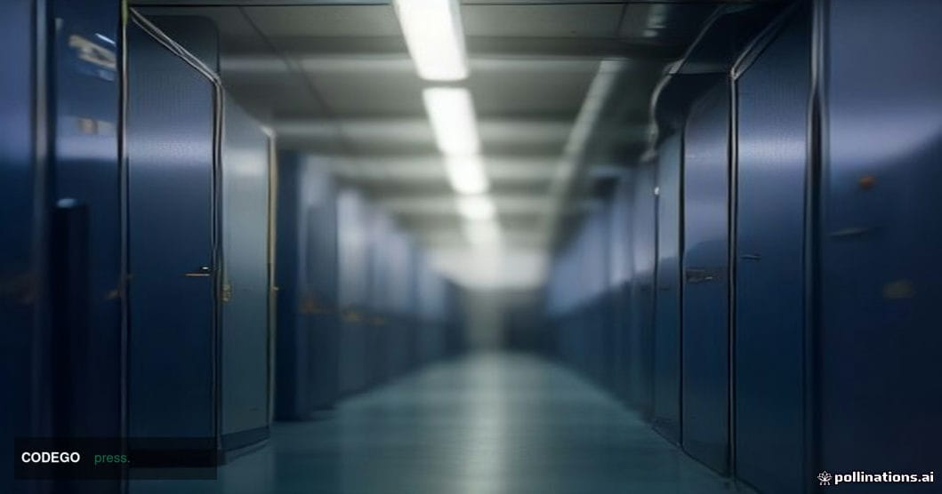 A dramatic cinematic editorial photograph taken from a low-angle perspective inside a high-security data center corridor, rep