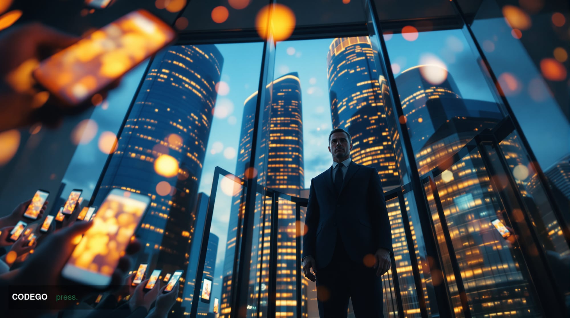 A cinematic editorial photograph set in a modern Brazilian financial district at dusk, with sweeping glass-and-concrete tower