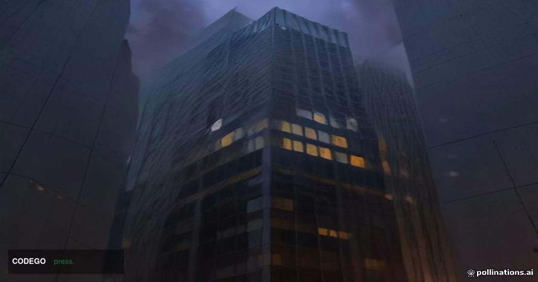 A cinematic editorial photograph shot at ground level looking upward at a modernist glass-and-steel financial district buildi