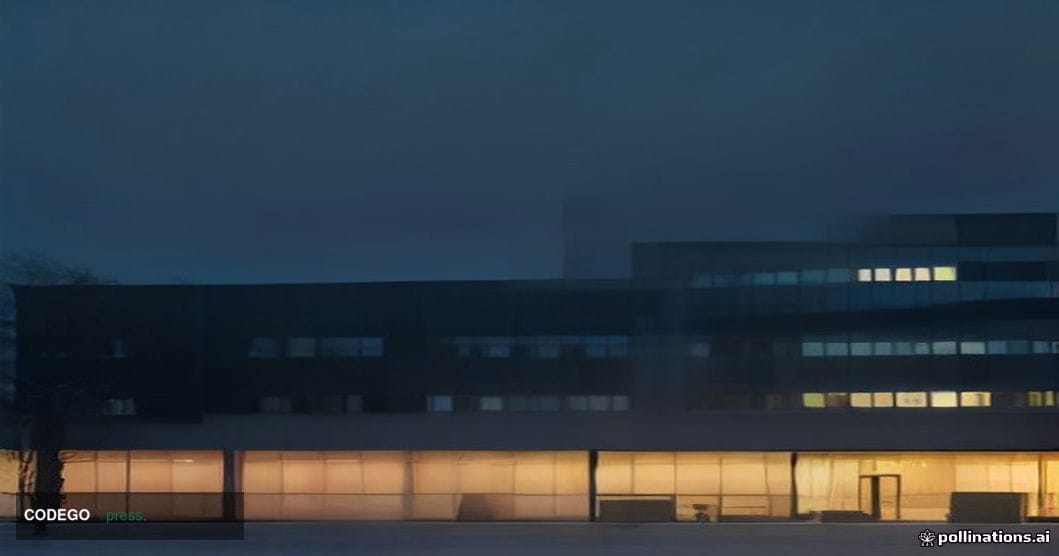 A cinematic photorealistic editorial photograph depicting the exterior of a large modern East Asian financial technology camp