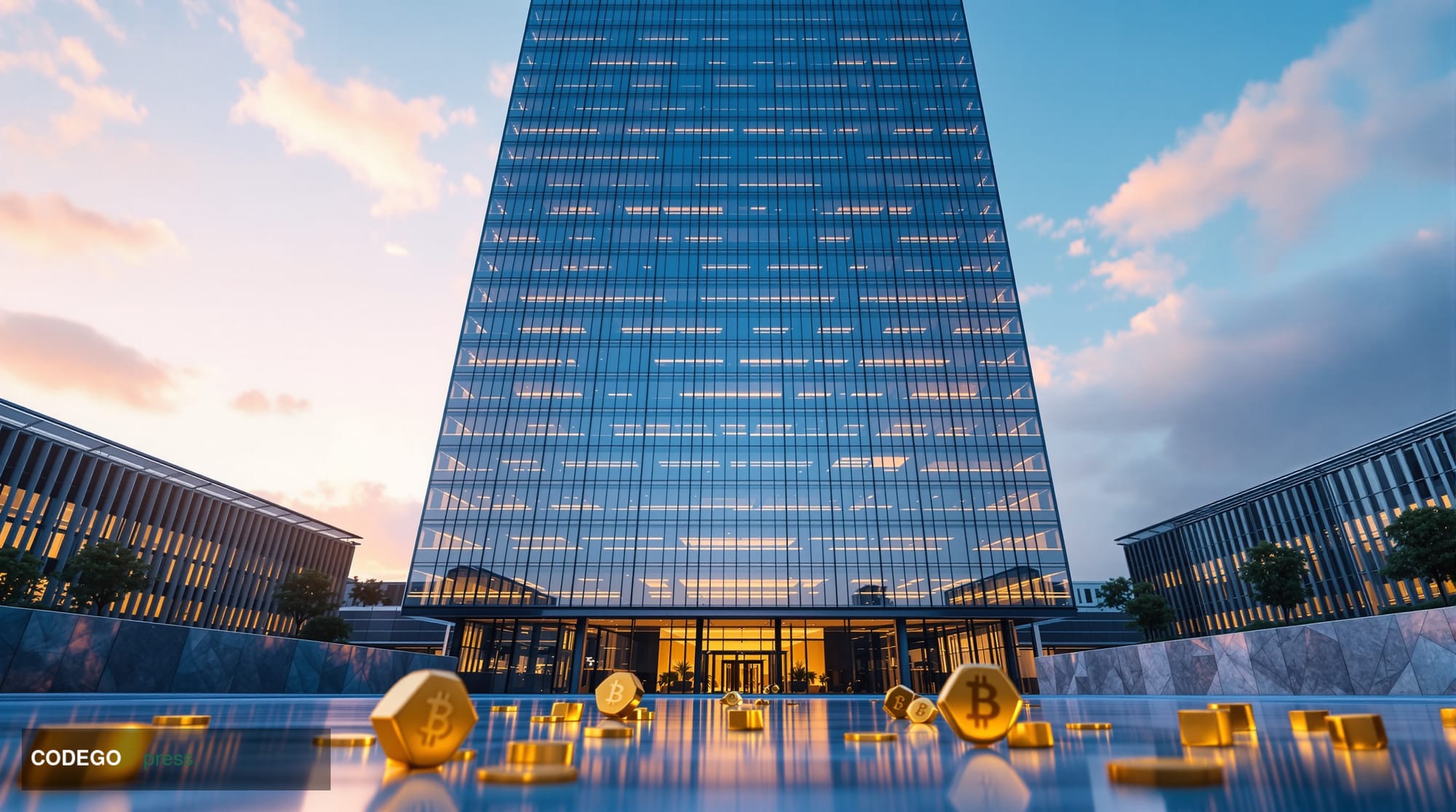 A sweeping wide-angle exterior shot of a grand European institutional building — modeled after the glass-and-steel modernist 