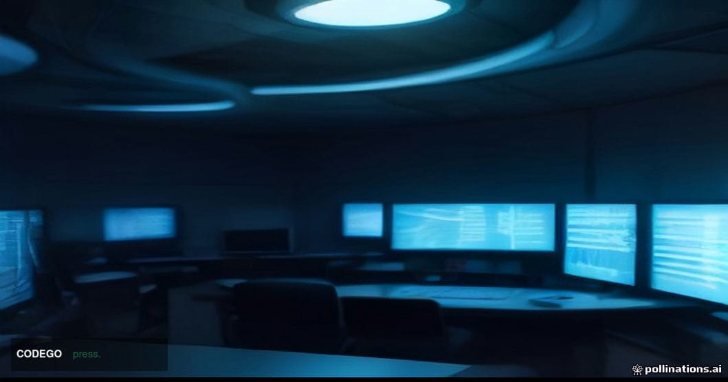 A dramatic cinematic editorial photograph set inside a high-security digital forensics operations center, viewed from a low w