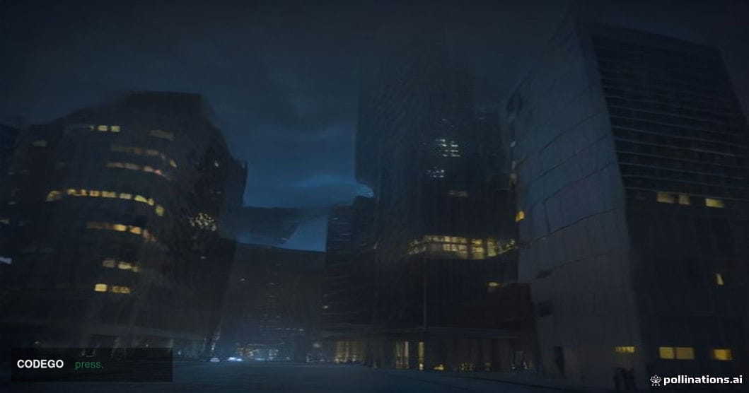 A dramatic cinematic editorial photograph of a massive, imposing glass-and-steel financial technology campus at night, shot f