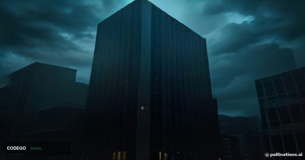 A dramatic cinematic editorial photograph taken at ground level looking up at a sleek glass-and-steel crypto exchange headqua