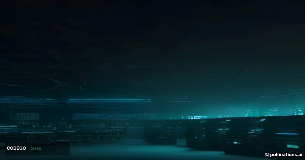 A dramatically lit underground data-center environment rendered in deep blue and amber tones, with rows of glowing server rac