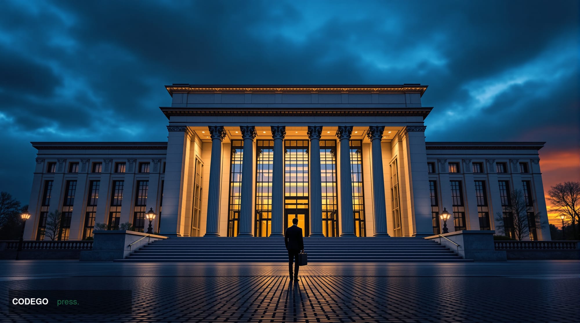 A dramatic exterior shot of a sleek European regulatory institution building — modeled on a grand Brussels or Frankfurt civic
