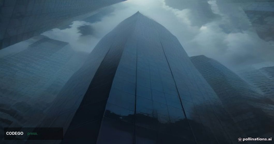 A dramatic cinematic editorial photograph shot from a low angle looking up at a sleek, glass-and-steel Asian financial distri