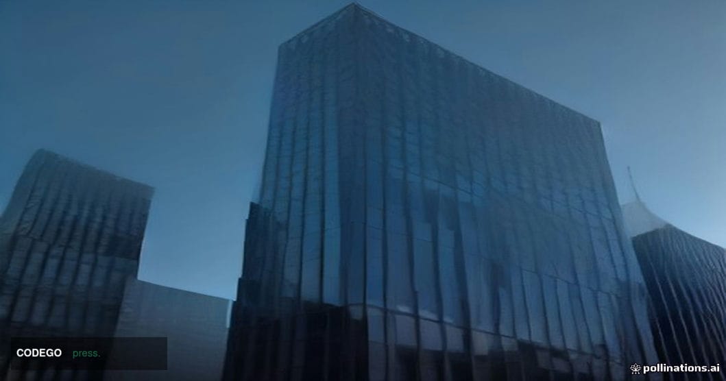 A dramatic cinematic editorial photograph of a massive modern financial exchange headquarters building — a glass-and-steel hi