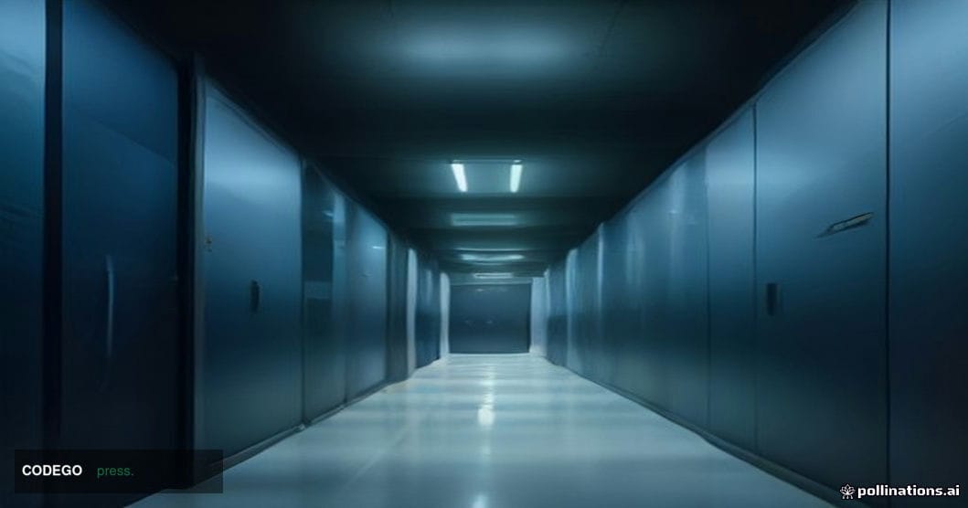 A dramatic cinematic editorial photograph of a massive modern glass-and-steel cryptocurrency exchange data center corridor at