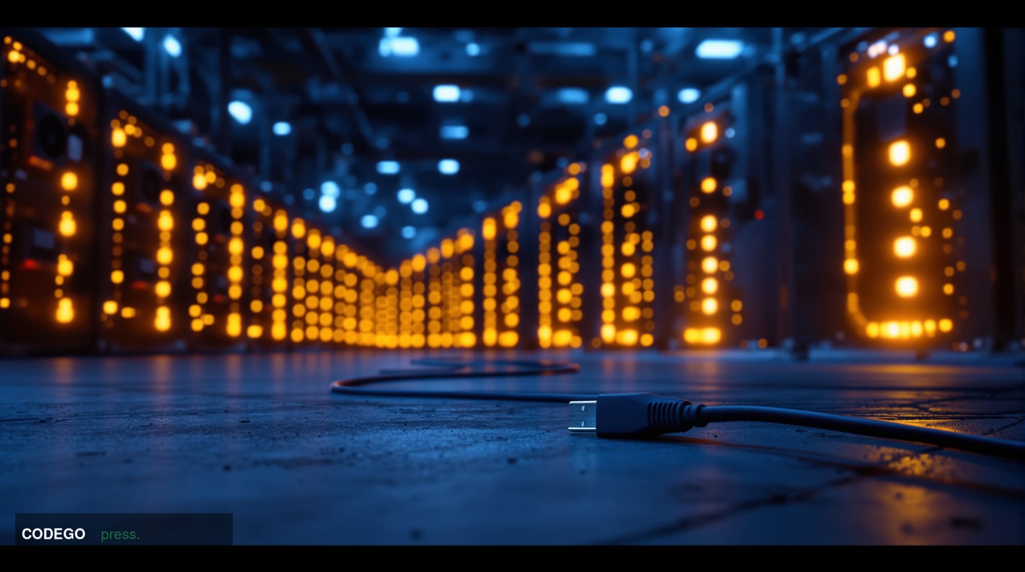 A dramatic wide-angle shot of an industrial Bitcoin mining facility at dusk, rows of ASIC mining rigs stretching into the bac