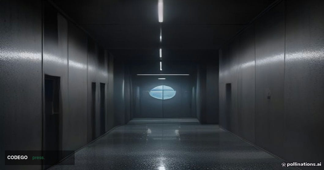 A cinematic editorial photograph of a towering glass-and-steel financial data center corridor at night, shot from a low angle