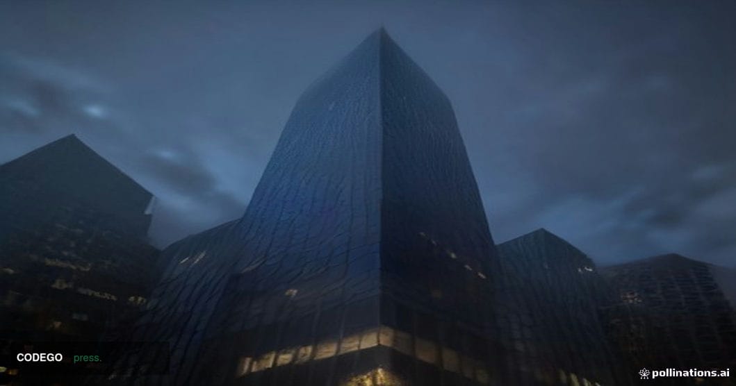 A dramatic low-angle exterior shot of a sleek glass-and-steel financial district building in Washington D.C., framed against 