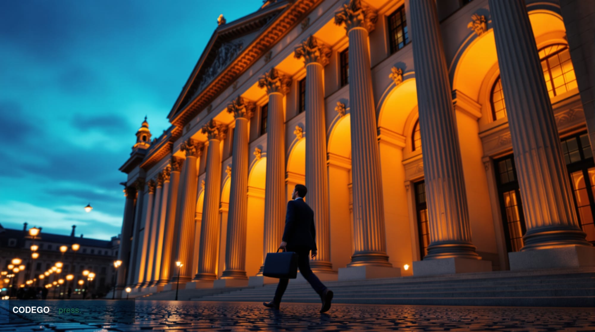 A dramatic wide-angle cinematic editorial photograph taken at ground level looking up at a grand Viennese neoclassical govern