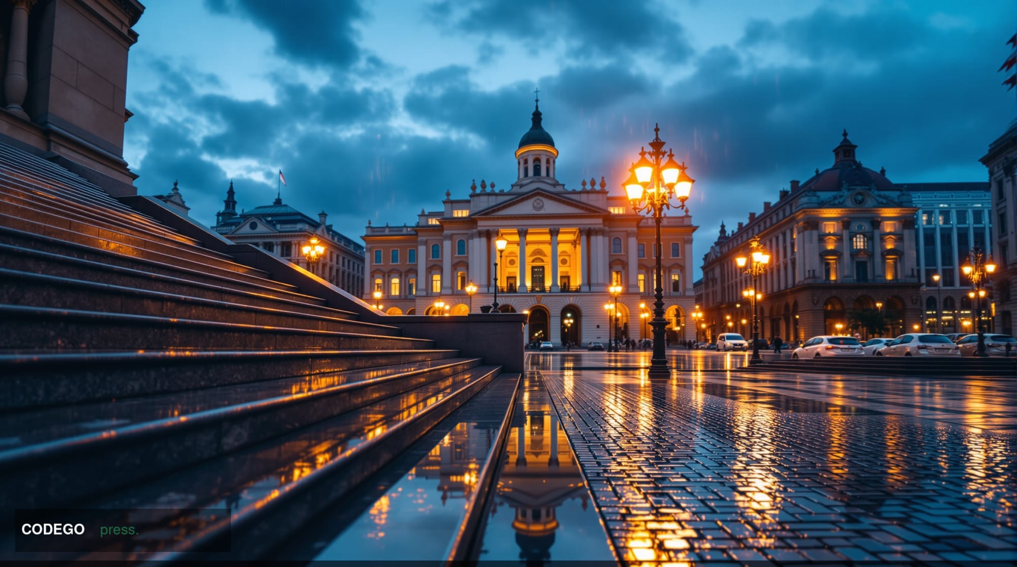 A dramatic cinematic editorial photograph of Vienna's financial district at dusk, featuring the classical stone and glass arc