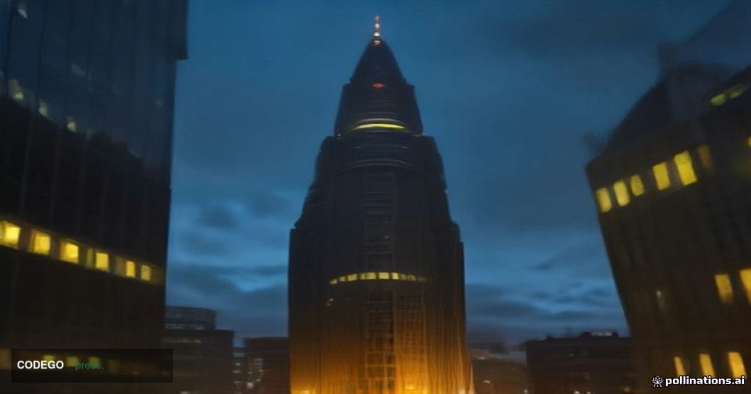 A dramatic low-angle wide shot of the Bank for International Settlements headquarters building in Basel, Switzerland — its di