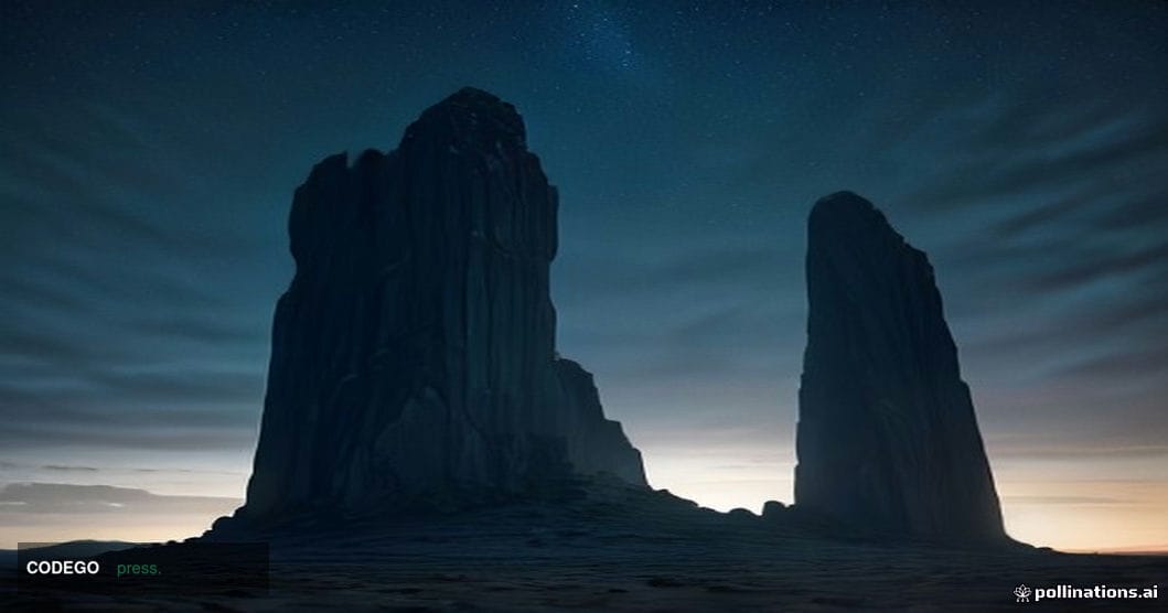 A dramatic cinematic editorial photograph depicting a lone, weathered stone monolith standing at the edge of a vast digital f