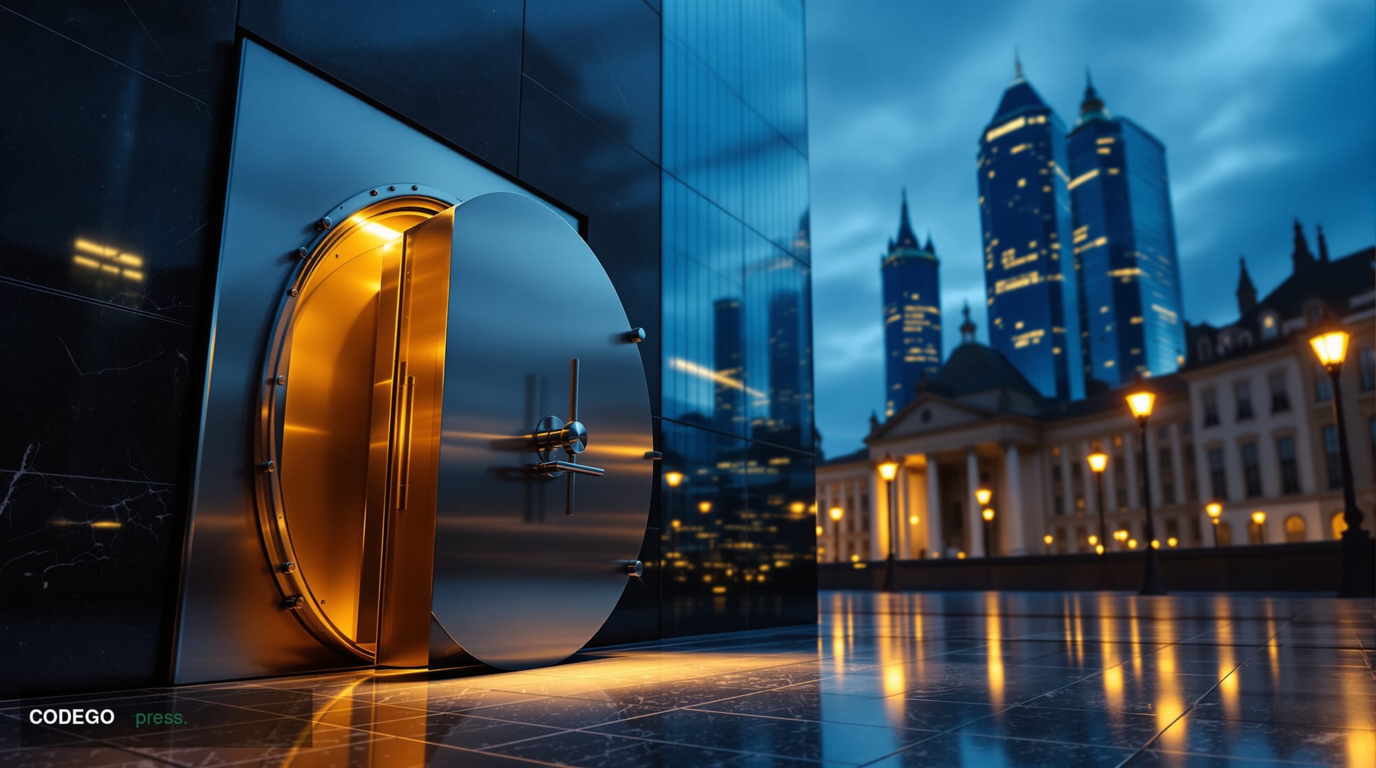 A cinematic editorial photograph of a modern German financial district at dusk, shot from a low angle looking up at sleek gla