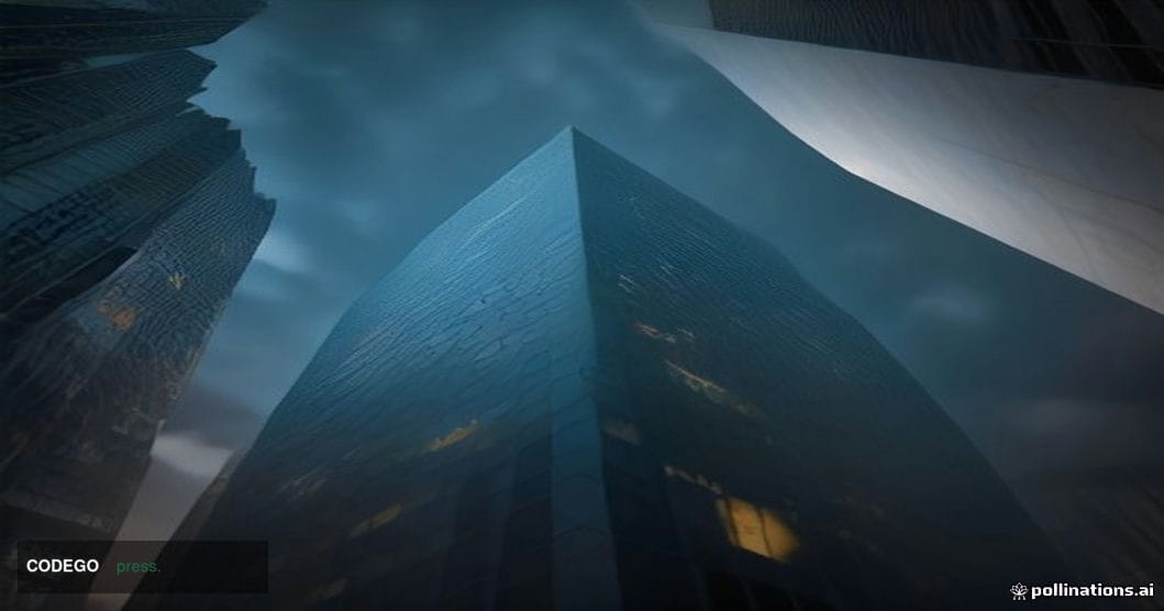 A dramatic cinematic editorial photograph shot from a low angle looking up at a sleek financial district glass tower at dusk,