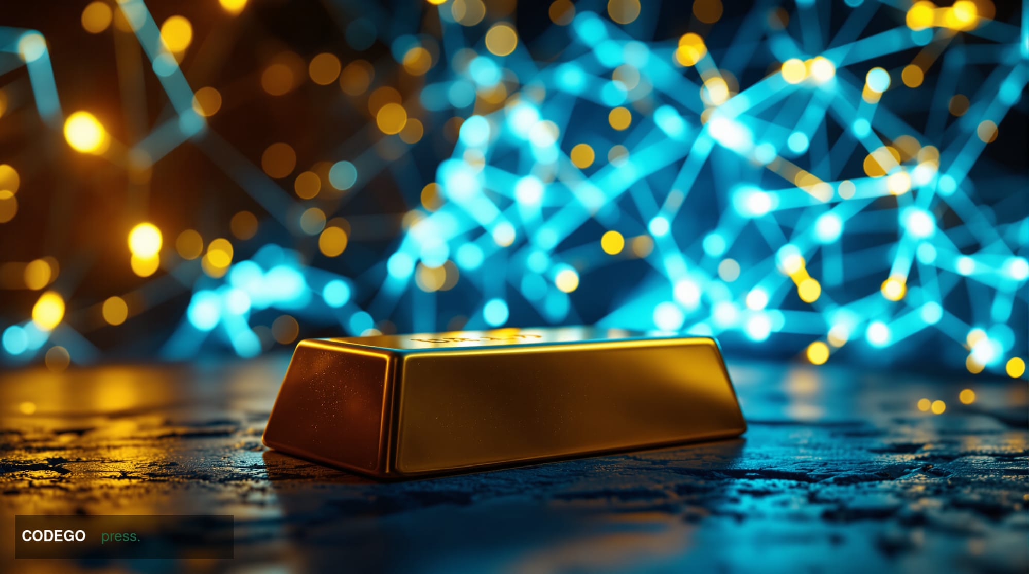 A dramatic cinematic editorial photograph depicting a large, lustrous gold bar resting on a cold stone surface in the foregro