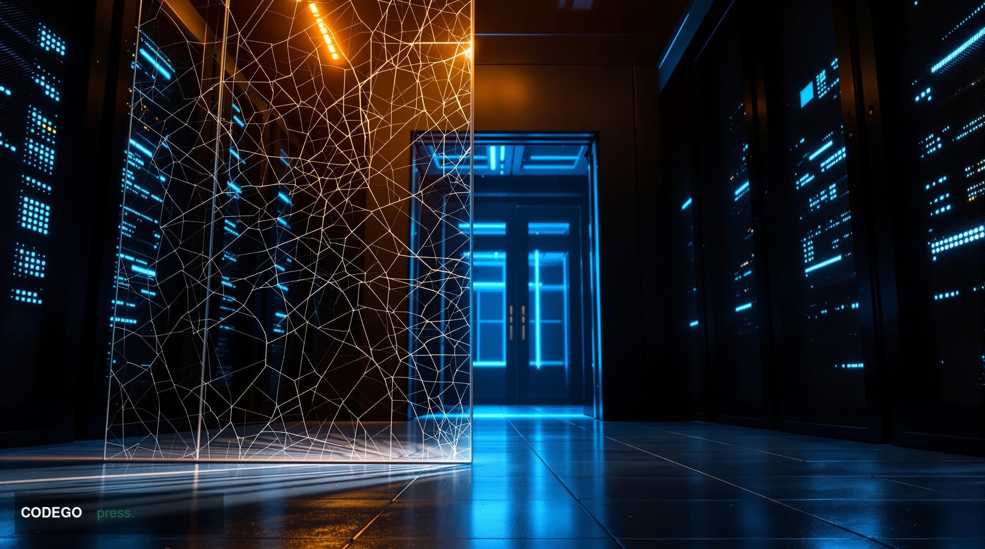 A dramatic cinematic editorial photograph set in a dimly lit, ultra-modern cryptocurrency exchange server room with towering 