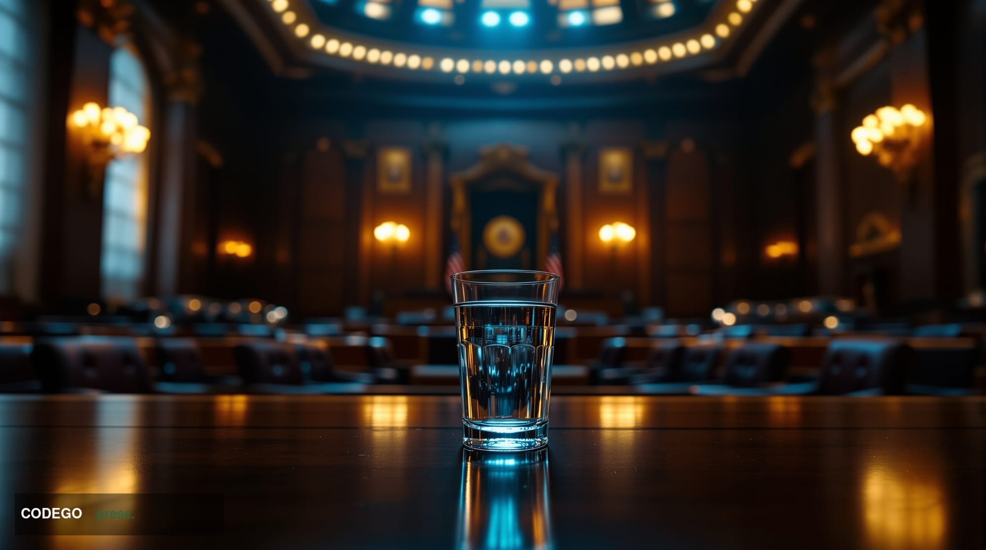 A dramatic cinematic editorial photograph set inside a grand, dimly lit financial hearing chamber reminiscent of a US Senate 