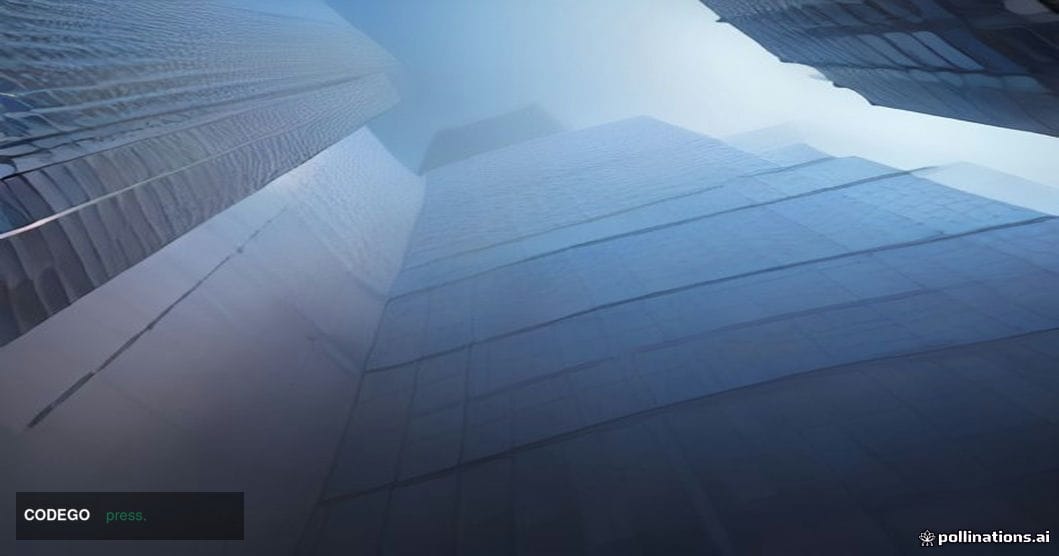 A dramatic cinematic editorial photograph shot from a low angle looking up at a towering modern glass-and-steel financial dis
