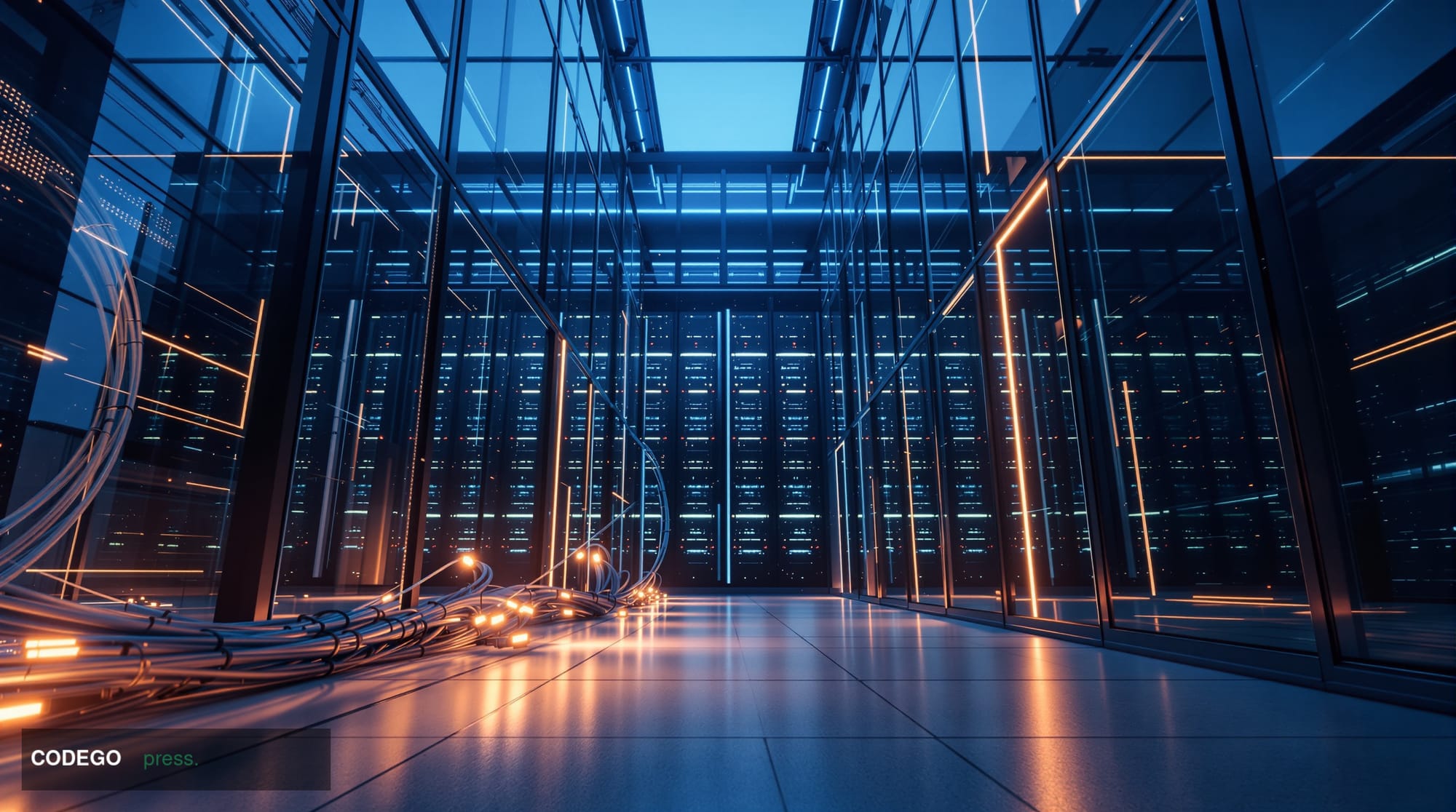 A dramatic cinematic editorial photograph taken at a low angle looking up at a towering glass-and-steel server infrastructure