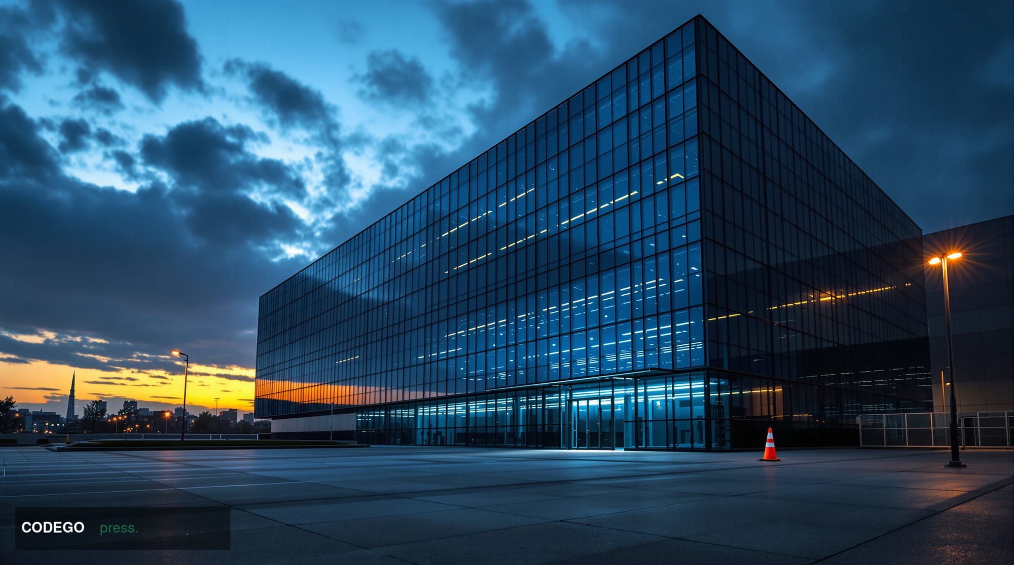 A cinematic editorial photograph of a large, modern glass-and-steel data center building exterior at dusk, situated against a