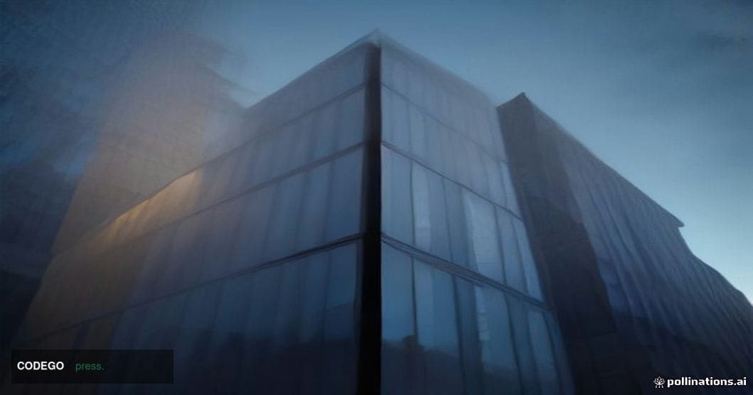A cinematic editorial photograph shot from a low angle looking up at a sleek, modernist corporate glass-and-steel building ex