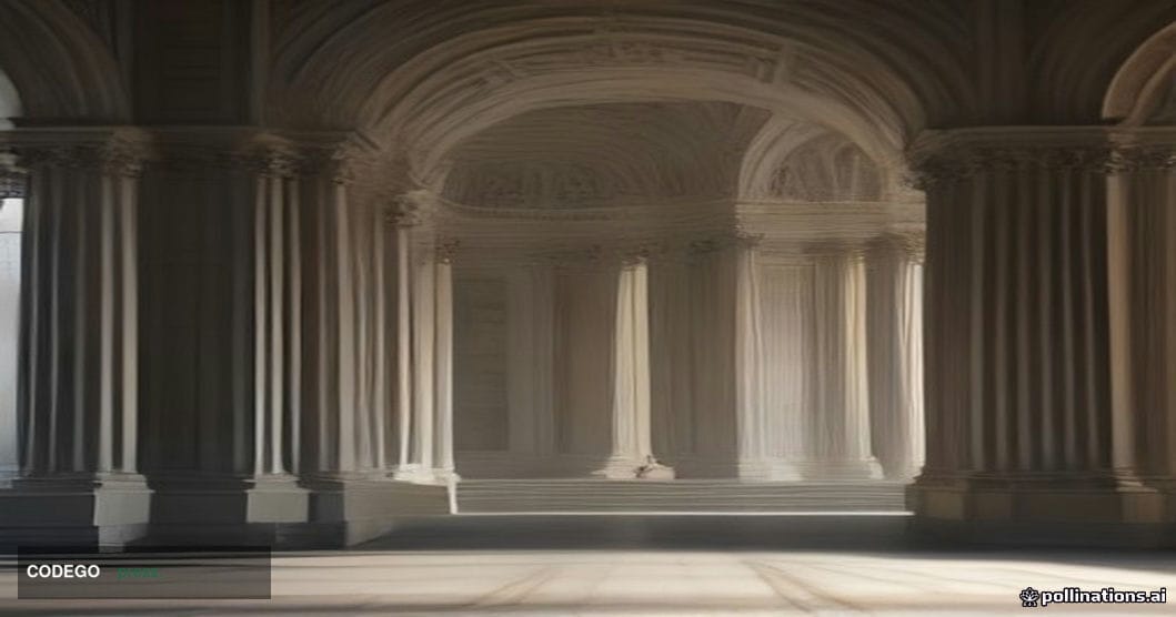 A cinematic editorial photograph set in Washington D.C., with the neoclassical facade of the U.S. Department of the Treasury 