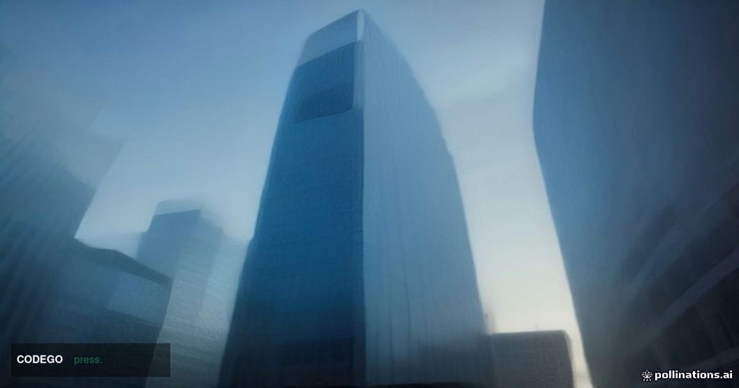 A cinematic editorial photograph of a grand American corporate bank headquarters exterior at dawn, featuring a sweeping glass