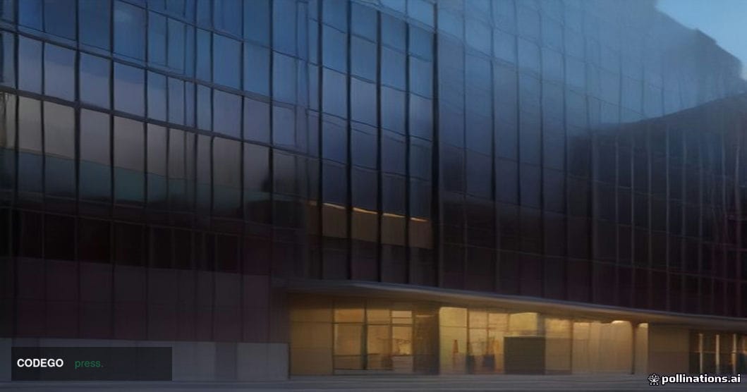 A cinematic editorial photograph of a grand, modernist North American bank headquarters exterior at dusk, the glass-and-steel