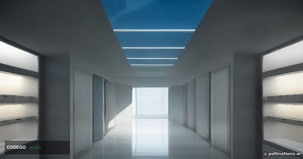 A cinematic editorial photograph shot from a low angle looking up at a sleek, modern retail shopping environment — a high-end