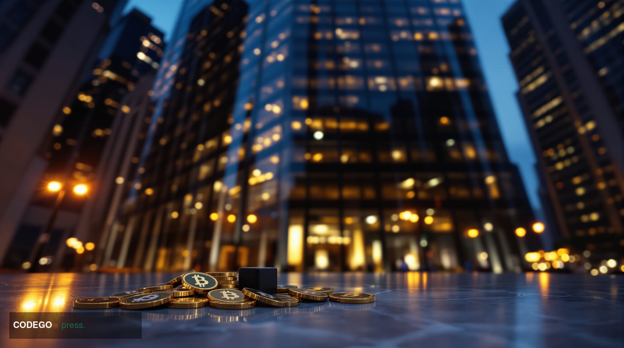 A cinematic editorial photograph taken at low angle looking upward toward the imposing glass-and-steel facade of a major Wall