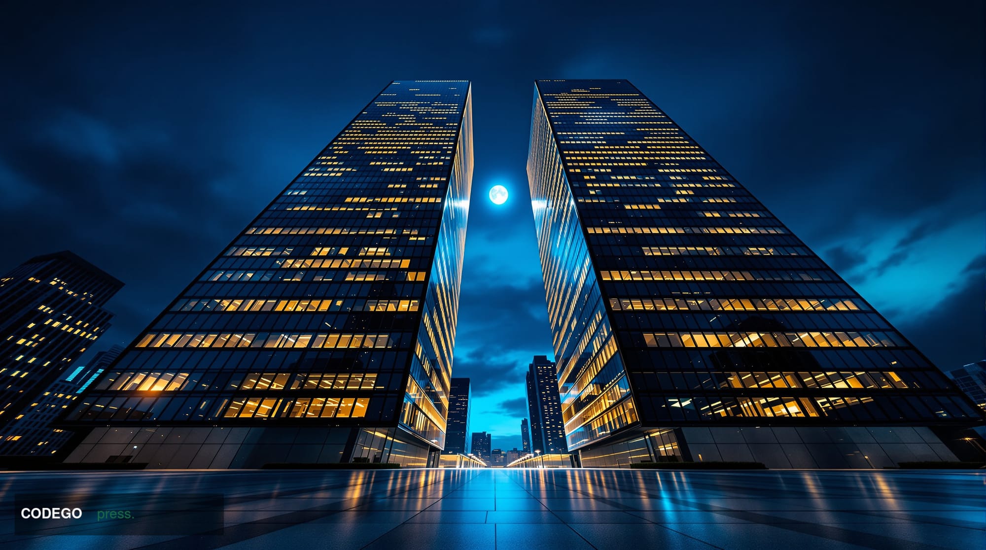 A cinematic editorial photograph shot from a low angle looking up at two imposing glass-and-steel financial district skyscrap