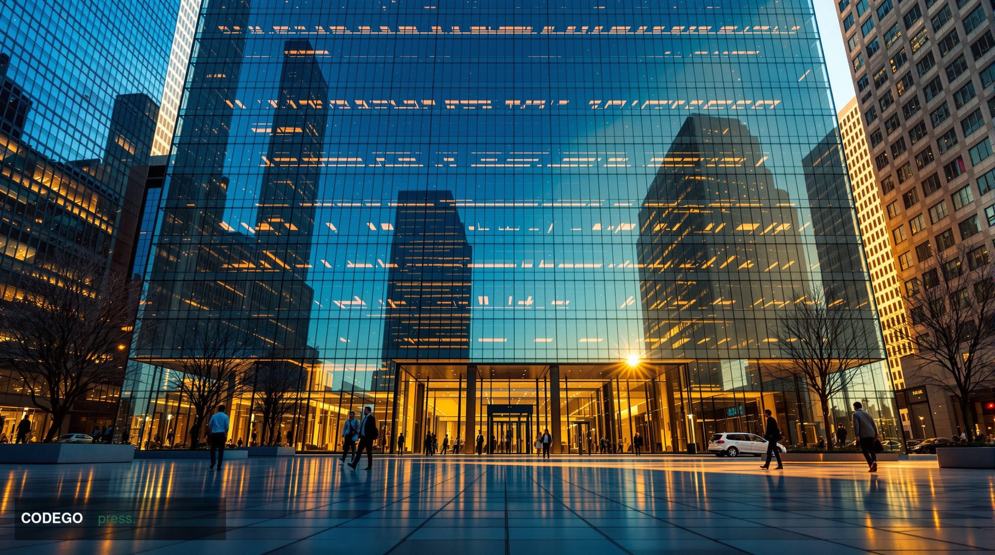 A cinematic editorial photograph of a grand, imposing glass-and-steel financial institution headquarters in lower Manhattan, 