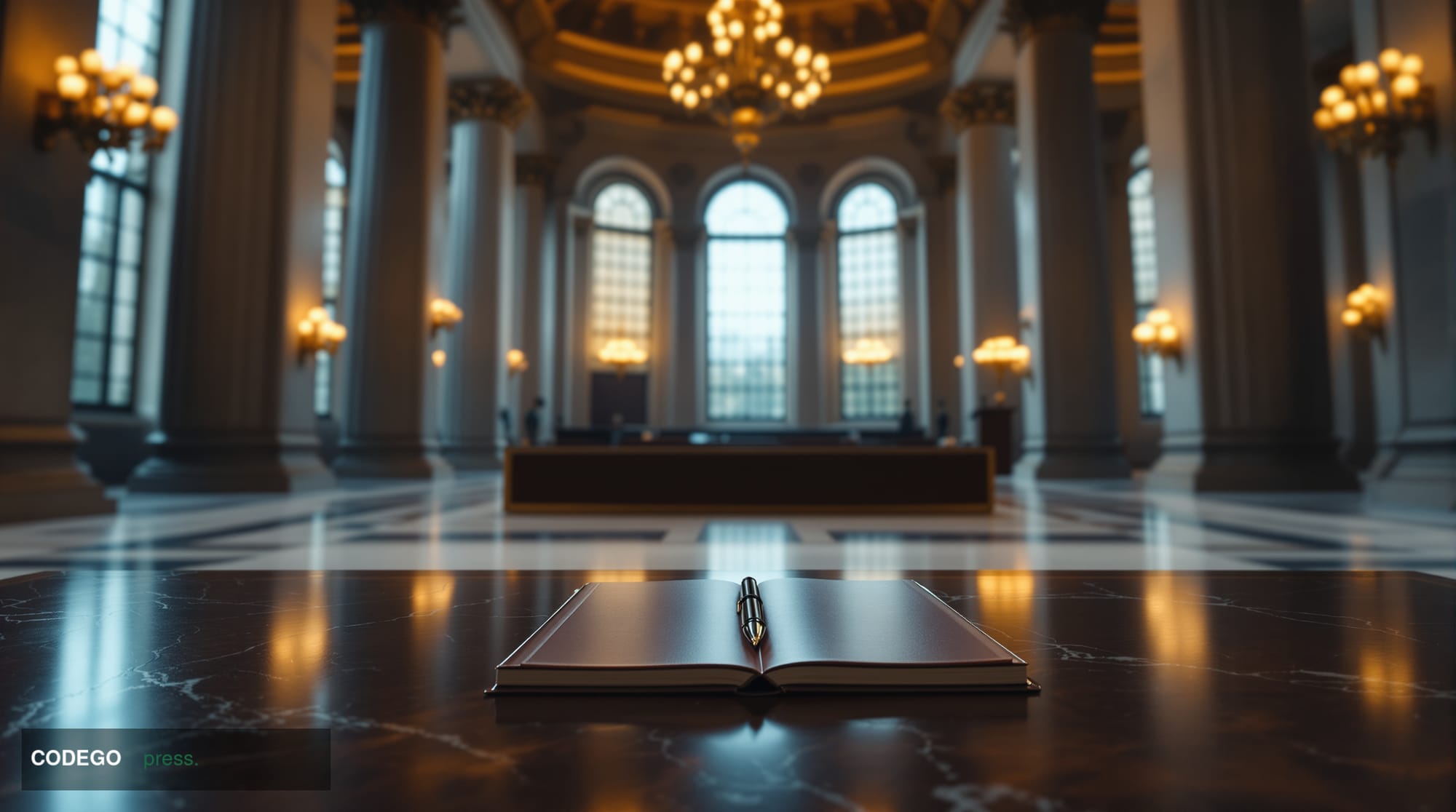 A photorealistic cinematic editorial photograph set inside a grand, centuries-old British central bank interior — heavy stone